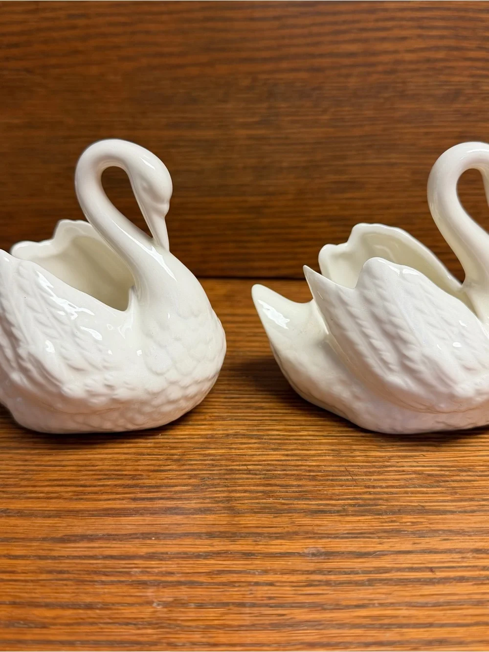 White Ceramic Swan Planter Pair Cottagecore Handmade